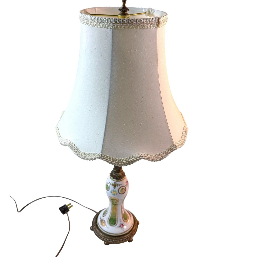 Vintage MCM‎ French Porecelain Ornate Brass Table Lamp HandPainted Floral Motifs